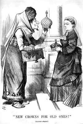 John Tenniel, 'New crowns for old ones! - Aladdin adapted.' Disraeli presents Queen Victoria with the crown of Empress of India, Punch (1876)