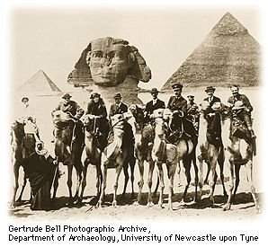 Bell (third rider from left) is flanked by Winston Churchill on her right and T E Lawrence at Giza during the 1921 Cairo Conference